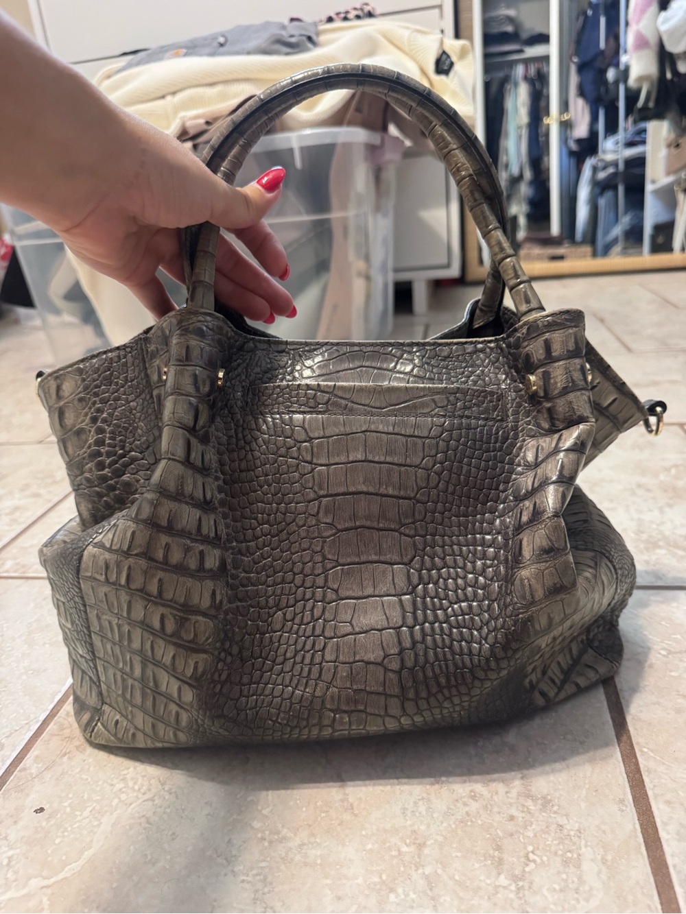 Brahmin Croc-Embossed Shoulder Bag - Dark Grey - Picture 2 of 3